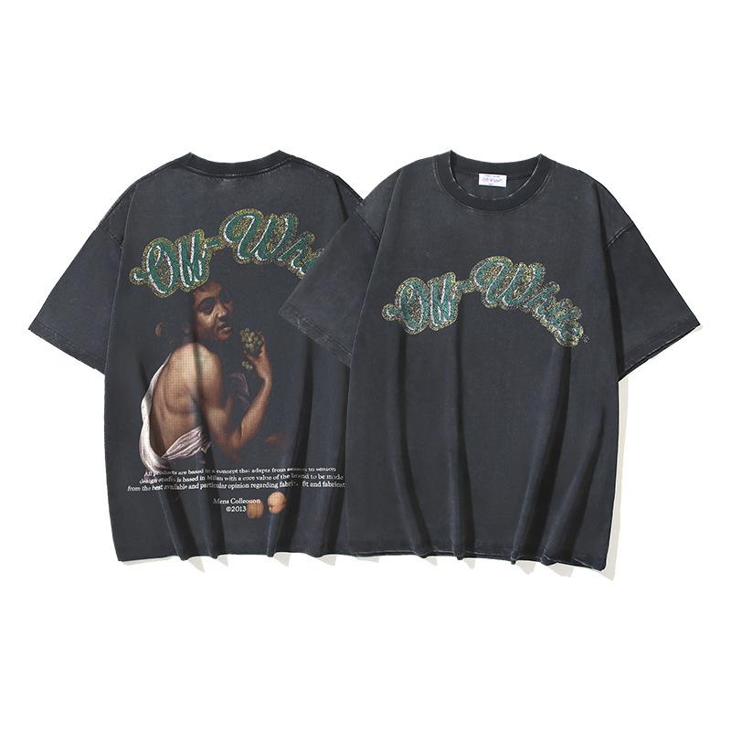 

1191 Off-White 2025 Summer New OW Bacchus Portrait Grape Printed Short Sleeved T-shirt for Men and Women XL чорний