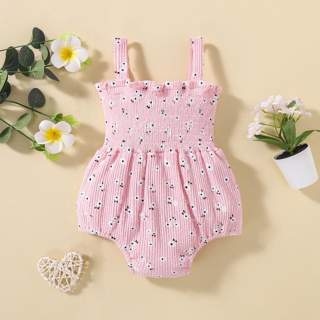Citgeett Summer Newborn Baby Girls Ribbed Bodysuit Sleeveless Flower Dot Print Jumpsuit Bow Clothes