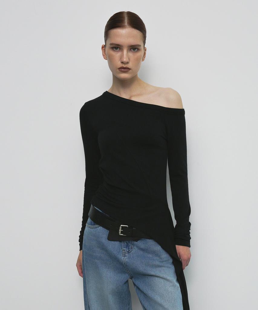 Saendeulig One Shoulder Unbalanced Strap T-Shirt_Black