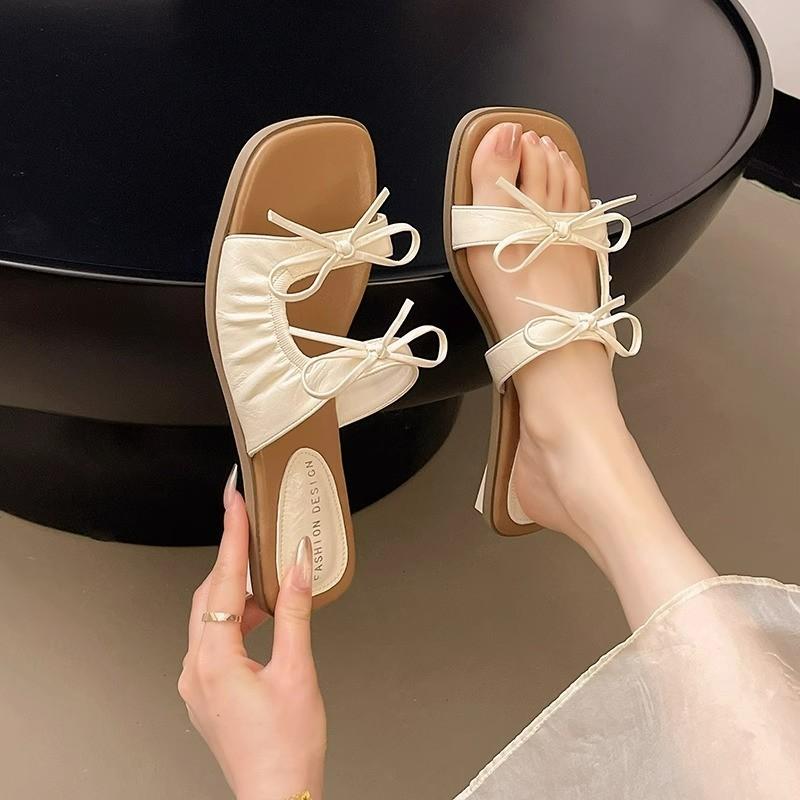 Bow Slippers Women's Summer Outer Wear New Year's New Flat-bottomed Beach One-word Drag Retro Cool Slippers