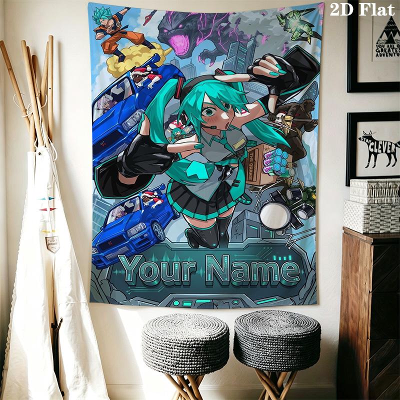 Name Benutzerdefinierte Anime Miku Wandteppich Ästhetischer Wandbehang Bedruckter Stoffdecke Dekorative Wandteppiche für Schlafzimmer Wohnzimmer Heimdekoration