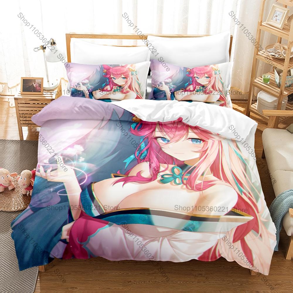 Fantasy Game Bedding Set, Duvet Cover & 2 Pillowcases, Classic Ahri Spirit Blossom Design Comfortable Home Supplies