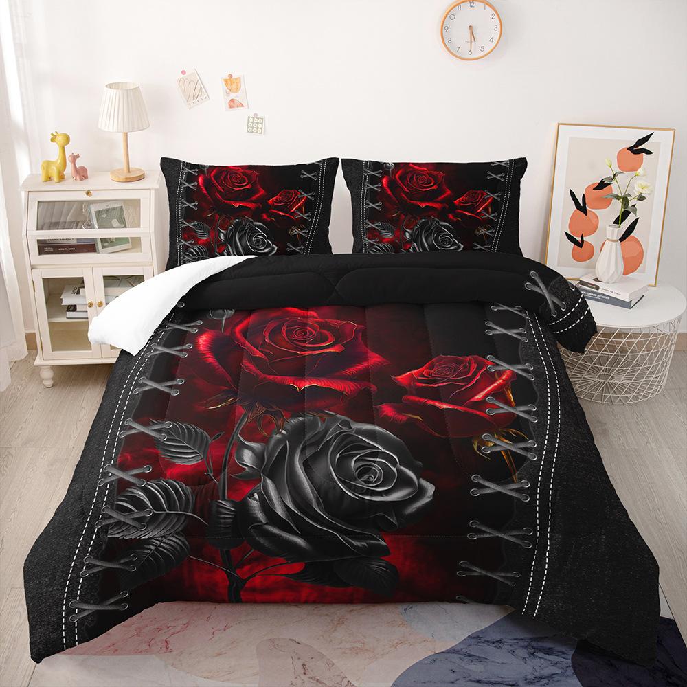 3D Printing Red Rose Flower Duvet Cover Set,Comforter Cover Rose Flower Pattern Bedding Set, Colorful Polyester Quilt Cover Set