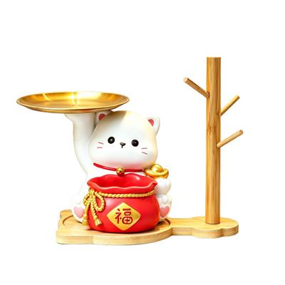 Lucky Cat Key Holder Tray for Entryway Table Resin Fortune Cat