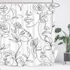 Abstract Women Face Bathroom Shower Curtain Minimalist Modern Line Art Black White Rose Contemporary Polyester Fabric Hooks
