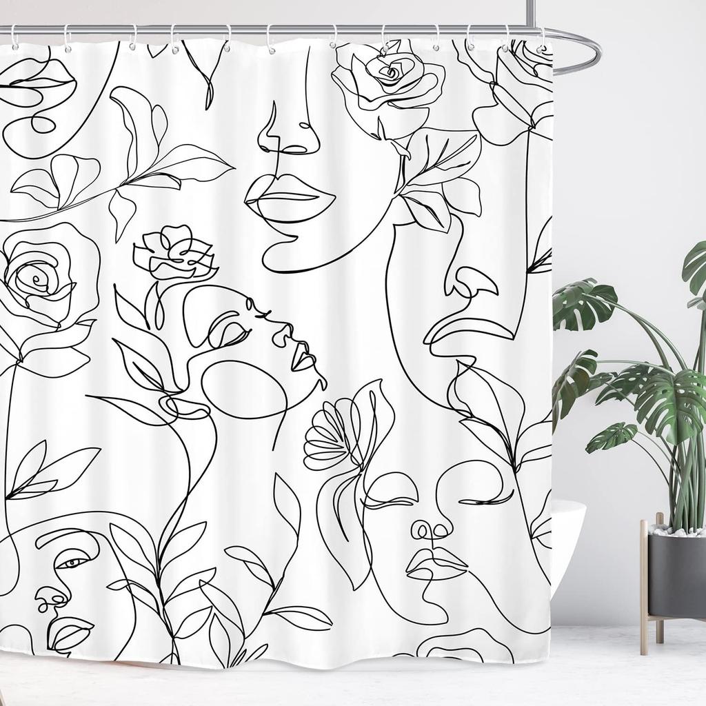 Abstract Women Face Bathroom Shower Curtain Minimalist Modern Line Art Black White Rose Contemporary Polyester Fabric Hooks
