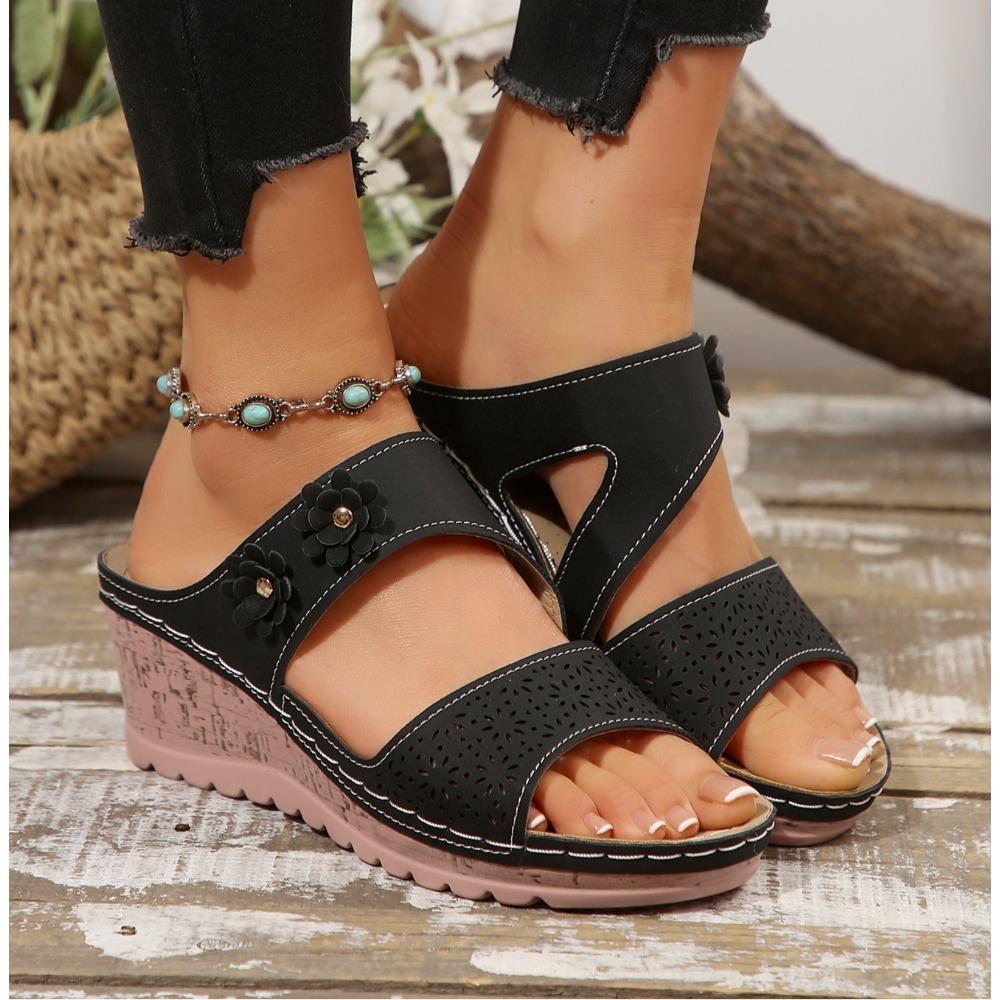 Sandals for Women Summer Metal Buckle Sandals Peep Toe Wedge Casual Thick Bottom Light Comfort Beach Slides Slippers