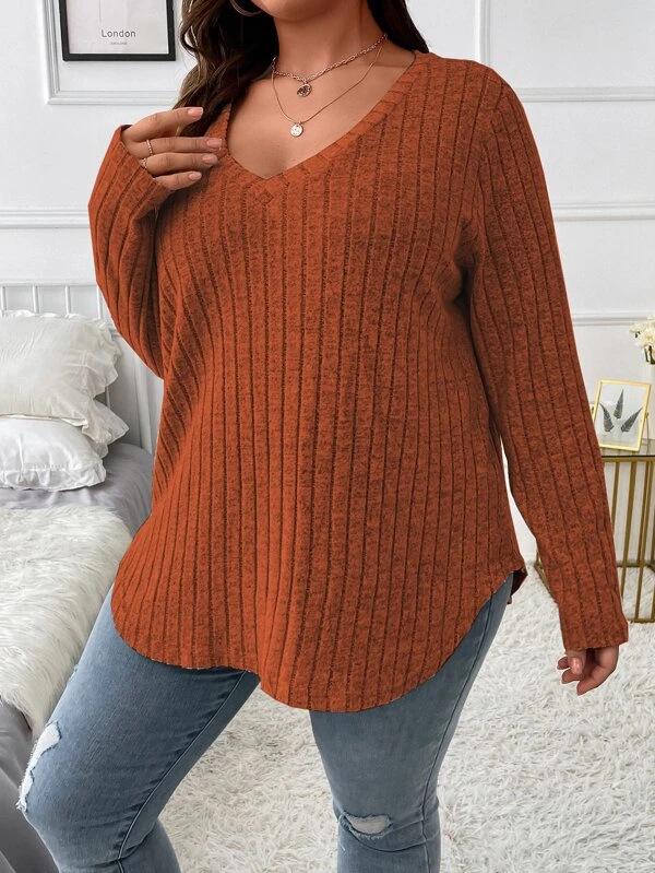 2025 Autumn/Winter Plus Size Women's V-Neck Long Sleeve Ribbed Loose Top