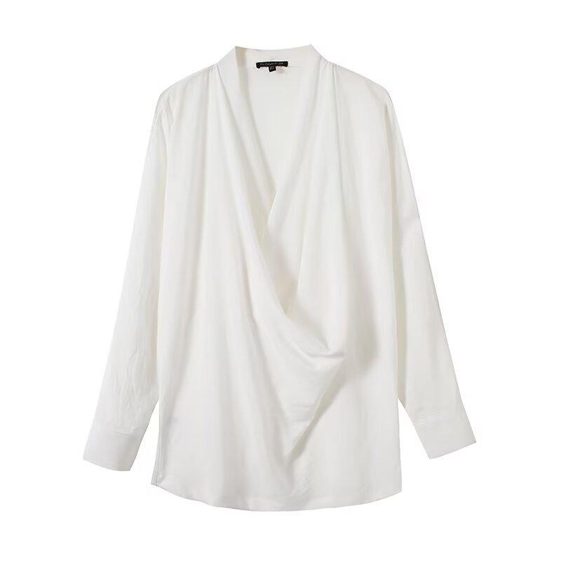 European and American style, new women's clothing, foreign style simple casual style elegant drape collar long-sleeved shirt