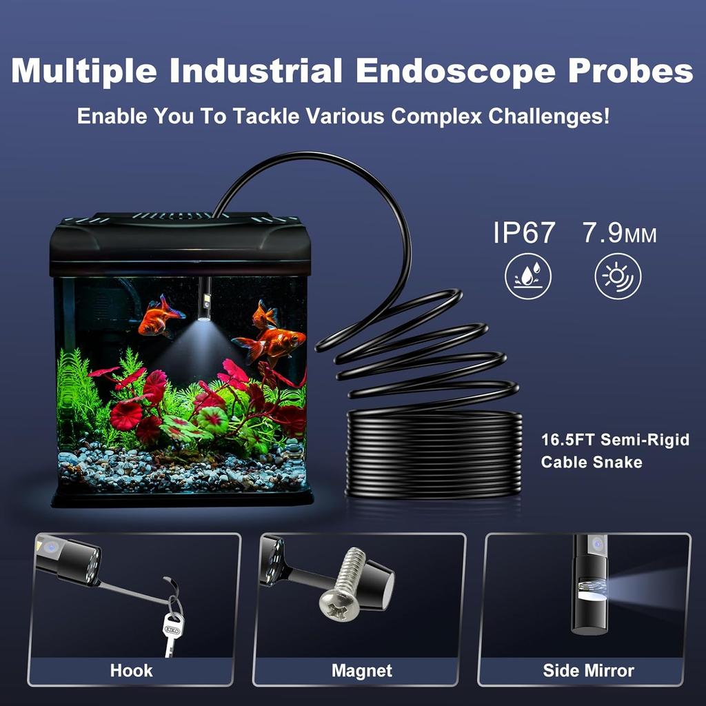[Dual-Lens] Endoscope Camera with Light, 1920P HD Borescope with 8+1 Adjustable LED Lights, IP67 Waterproof Endoscope with 16.5ft Semi-Rigid Cable