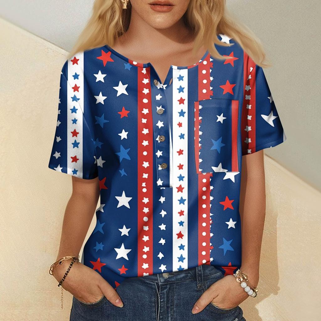 Modna damska bluzka z krótkim rękawem i nadrukiem, okrągłym dekoltem