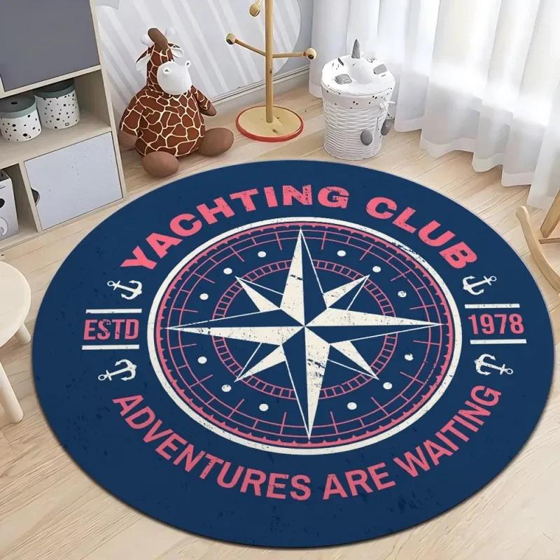 Nautical Style Round Area Rug – Printed Soft Plush Carpet for Living Room or Bedroom – Non-Slip, Machine-Washable Floor Mat