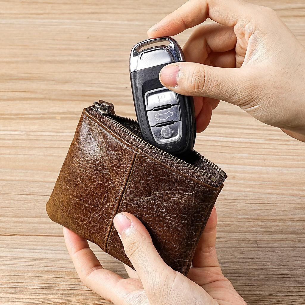 Mens and Women Retro Real Leather Zipper Wallet Card Holder Small Coins Keys Pocket Money Storage Pouch with Chain Key-ring