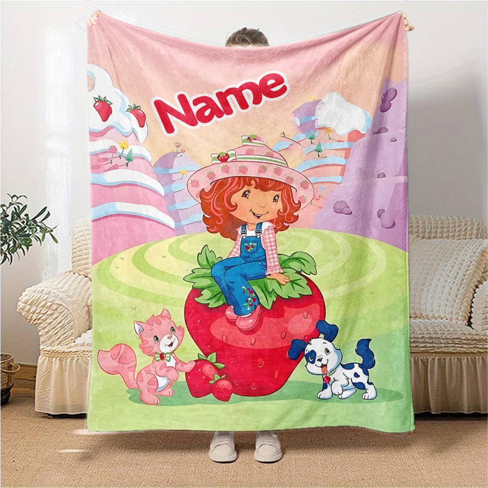 Manta de Fiesta Aventura en el Jardín de Tarta de Fresa con Nombre Personalizado Para Sofá Cama Manta de Felpa Acogedora Suave y Esponjosa Mantas Súper Suaves y Cálidas Para Otoño e Invierno 09