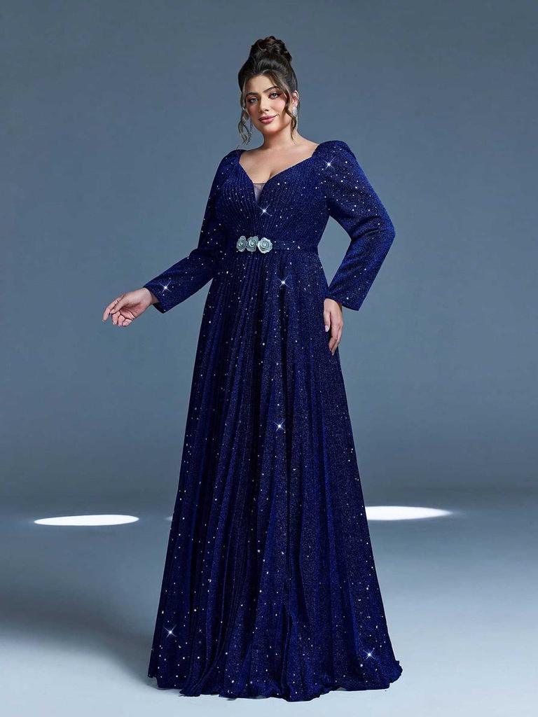Neues Abendkleid große Größe Pailletten lange Ärmel Temperament elegant langes Kleid Party Bankett Partykleid