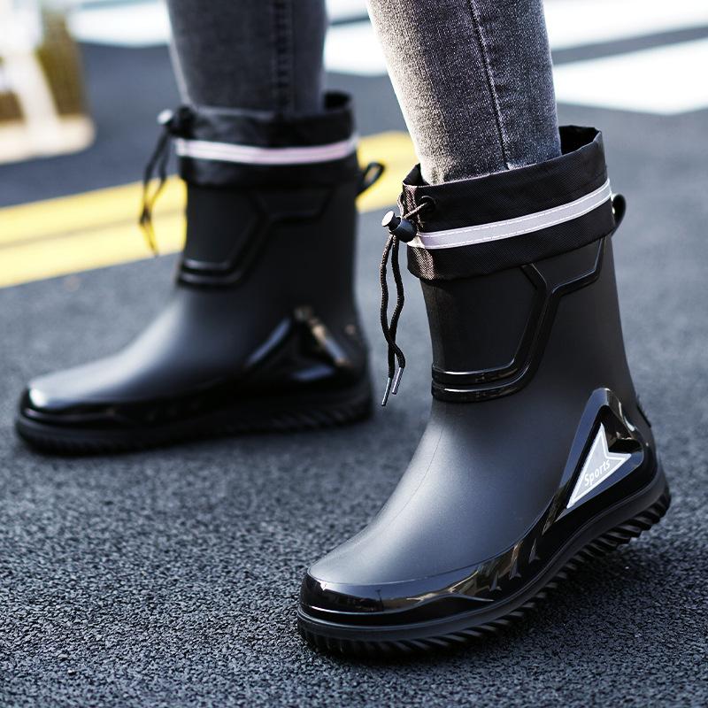 Rain boots men's waterproof drawstring fishing lightweight fleece cover warm non-slip flat rain boots