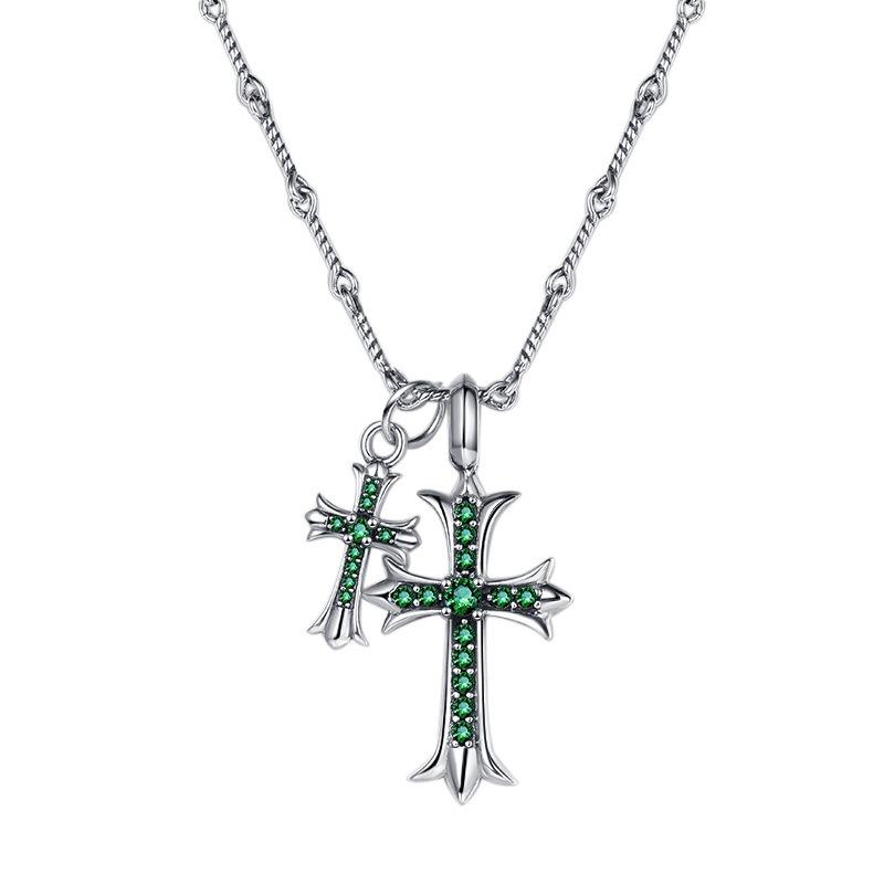 S925 Sterling Silver Green Zirconium Double Cross Pendant for Men and Women Trendy Sweet Cool Style Niche Ins Hip Hop Sweater Chain Necklace for Women