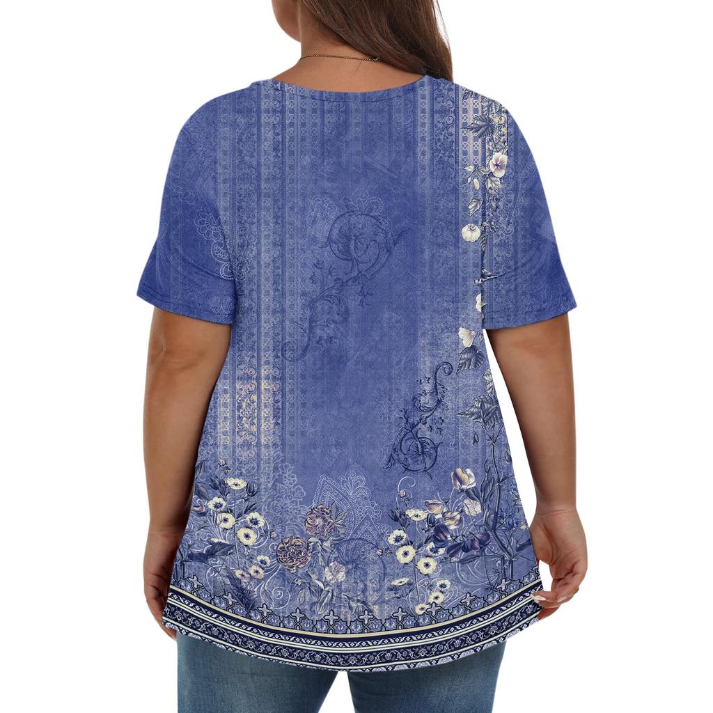 Damen-Oberteile in Übergröße, kurze Ärmel, Hemden mit V-Ausschnitt, Freizeitkleidung, bedruckte Oberteile