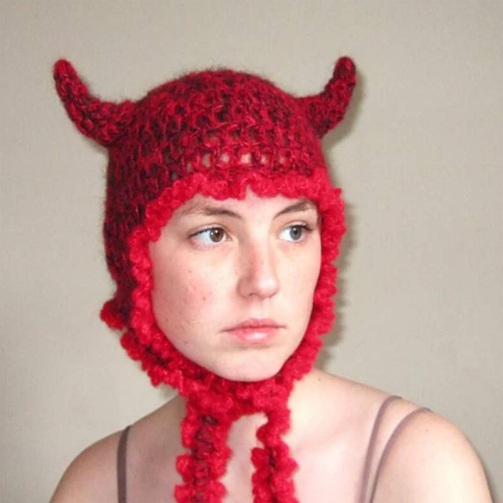 Halloween Beanie Knit Beanie Hat Unique Cat Ear Horn Hat Head Covering Party Holiday Warm Hat for Women