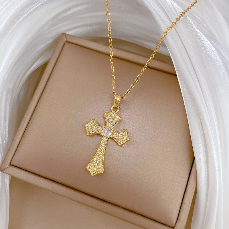 Stainless Steel Chain Luxury Zircon Cross Pendant Necklace for Women Men Trendy Cross Jewelry Gifts