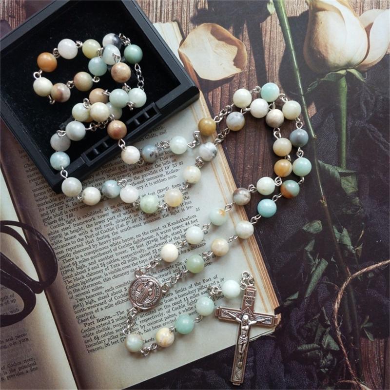 Natural Stone Beads Rosary Necklace Crucifix Cross Pendant Chain Catholic Religious Jewelry for Women Meditatin Gift
