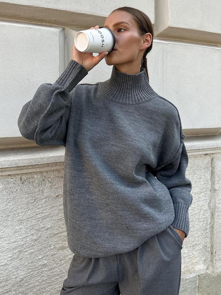 Women's Patchwork Turtleneck Sweater Autumn Winter New Casual Loose Lazy Thick Knit Pullover
