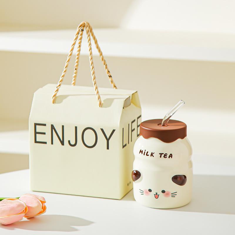 Animal ceramic straw cup with lid Summer essential water cup Girls household cup Juice cup Cold drink cup