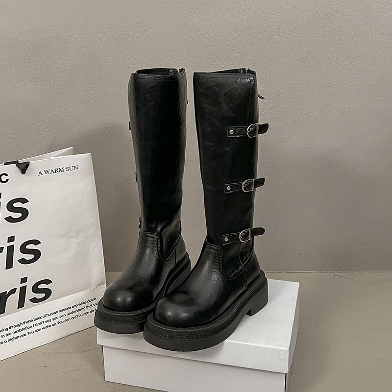 Height-increasing Thick-soled But Knee-high Boots Women's 2025 Autumn New Round-headed Knight Boots Muffin-bottom Belt Buckle High Boots