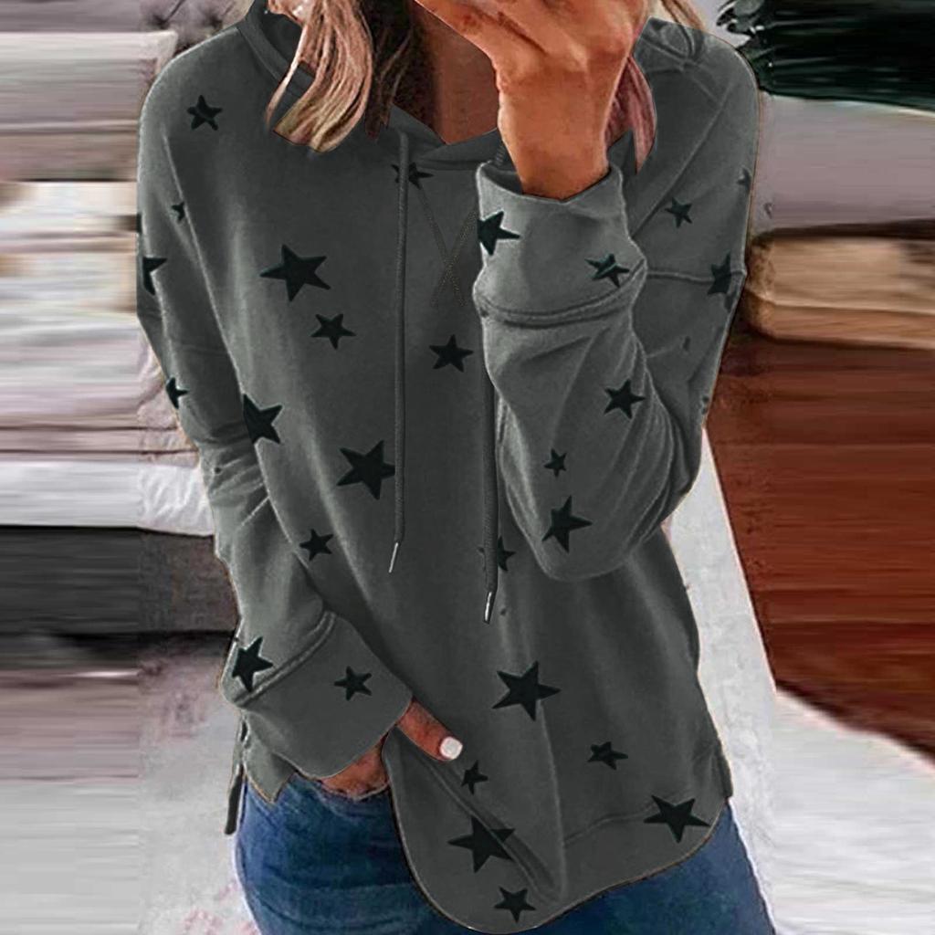Women Fashion Hooded Star Print Patchwork Long Sleeves Tops Blouse Sweatshirt