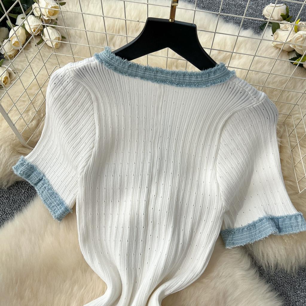 Summer Women Elegant Short Sleeve Denim Patchwork Knitted Sweater Long Midi Party Dresses