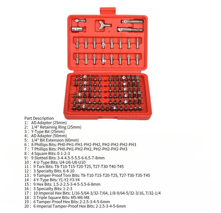 Steel Hex Key Phillips Slotted Tri-Wing Repair Hand Tool Kit 100pcs Screwdriver Bit Set Security Chrome Vanadium