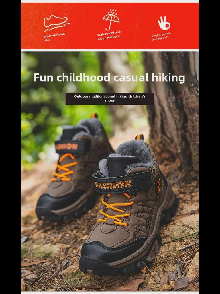 Зимние нескользящие хлопковые сапоги для мальчиков - теплые, с бархатной подкладкой, с толстой кожаной поверхностью