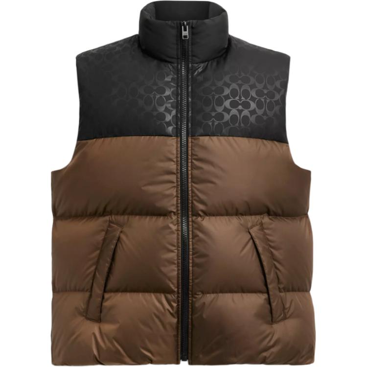Coach Color Block Stand Collar Zipper Straight Cut Sleeveless Vest Men Vests Brown CU451-C9E