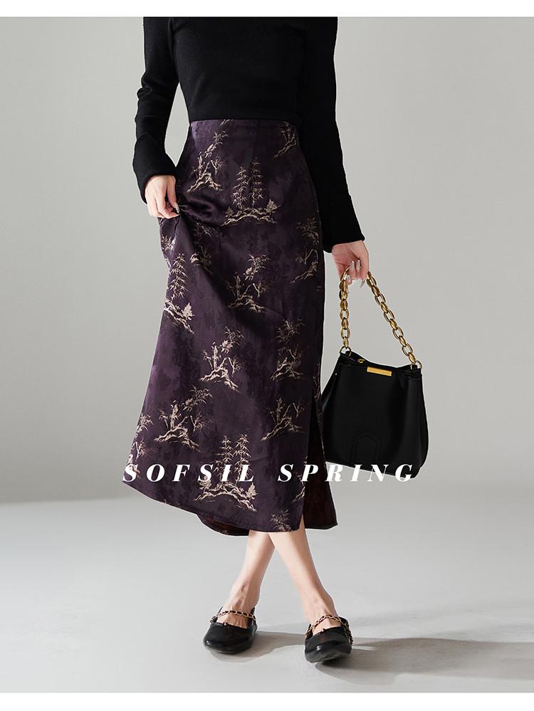New Chinese Style Printed High Waisted Split Skirt 2026 Spring and Autumn Temperament Commuting Versatile Mid Length Skirt