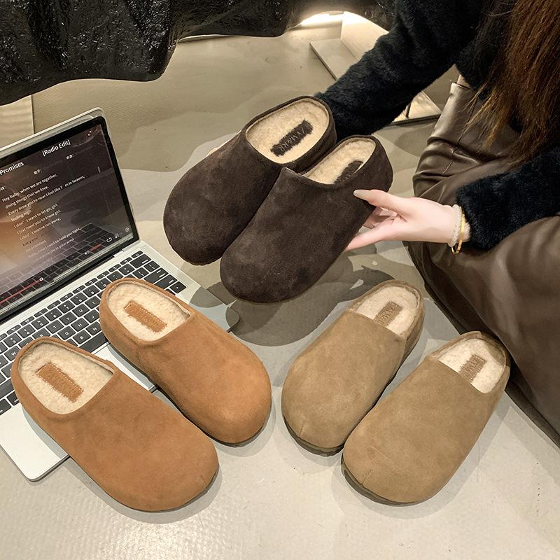 Birkenstock slippers women's outerwear 2025 autumn lazy one-pedal cotton slippers thick-soled casual bag head velvet half slippers