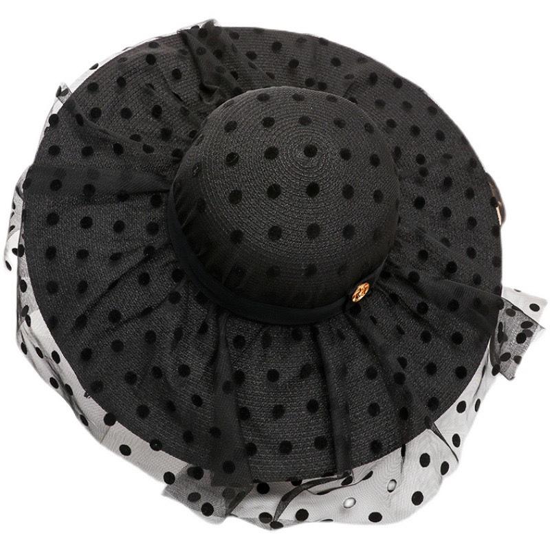 Kapelusz słomkowy z szerokim rondem w stylu Hepburn dla kobiet - Letnia ochrona przed słońcem, Retro strój plażowy na wakacje.