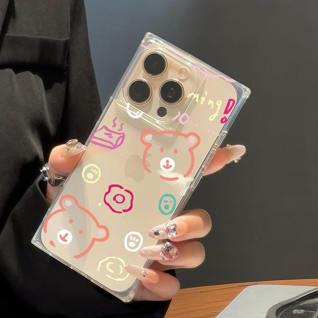 Clear Square Back Tube Case Protection For iPhone 11 13 16 ProMax 12 15 Plus 14 Pro Max Anti-Oxygen,Line Bear Pattern Casing