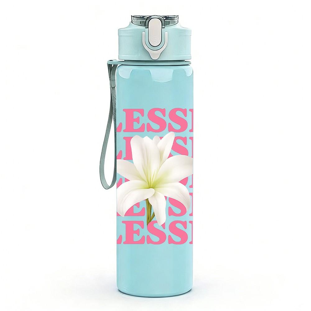 1PC Repeated Blessed Pink Letter Art 750ml Color Plastic Sports Water Bottle Leakproof Flip Straw Lid Suitable for Sports Office Home Use