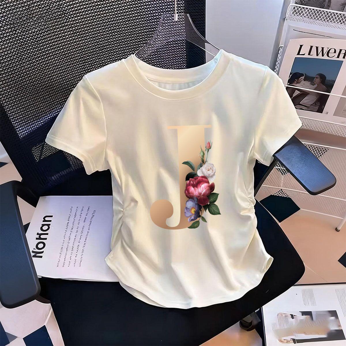 

Womens WaistDefining Elastic T Shirt Floral Letters J printed Short Sleeve Round Neck top tee Fashionable tshirts S