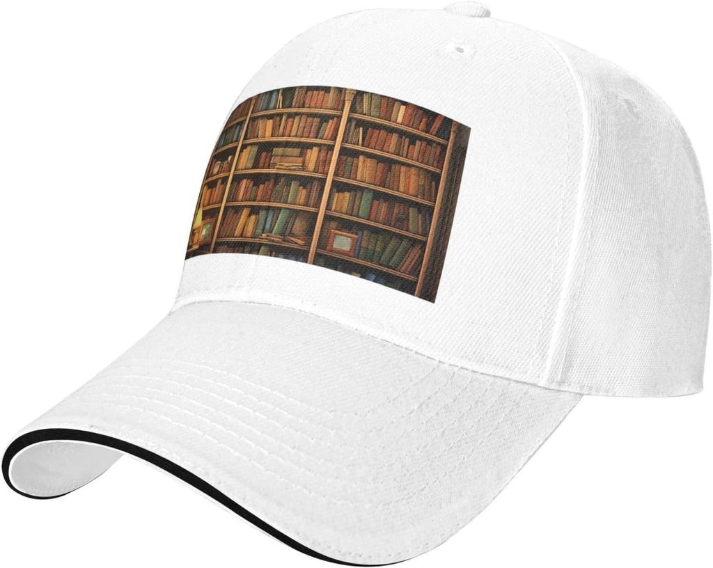 Retro Bookshelf Print Baseball Cap Adjustable Polyester Casual Dad Hat for Men Women