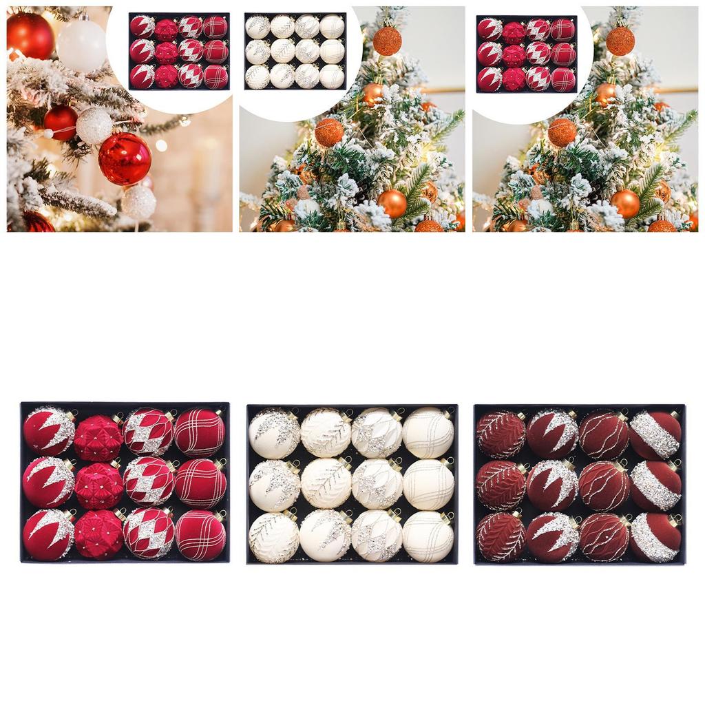 12 Pieces Velvet Christmas Balls Elegant Hanging Baubles Decorative Flocked Xmas Decoration for Party Xmas Tree Holiday Home