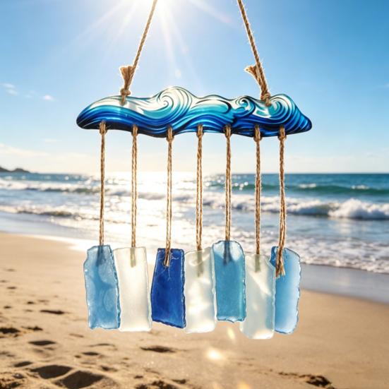 Meerglas-Windspiel für draußen Handgefertigt Meereswelle Küstenstil Hängendes Ornament für Strand Terrassen Dekoration Geschenke für Frauen