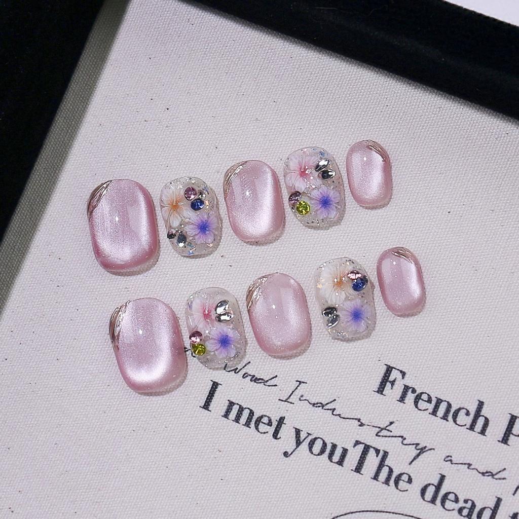 10 Pcs High End Handmade Purple Dried Flower Cat Eye Press On Nails Detachable Fake Nails For Women Girls Daily Party Wear