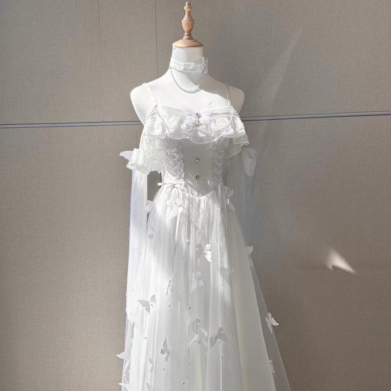 Lolita Göttin Fee Kleid Frühling Sommer Perlen Schmetterling Weiß Lange Urlaub