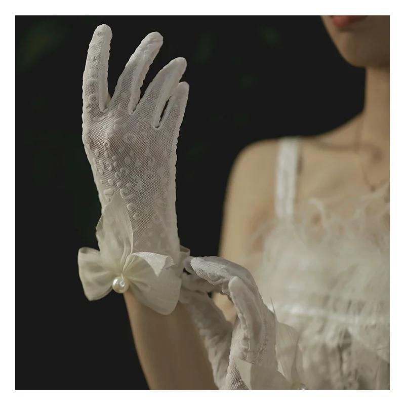 1 Pair Women Wedding Bridal Short Gloves Net Full Finger See Through Beaded Bow Wrist Length Costume Prom Party Gloves