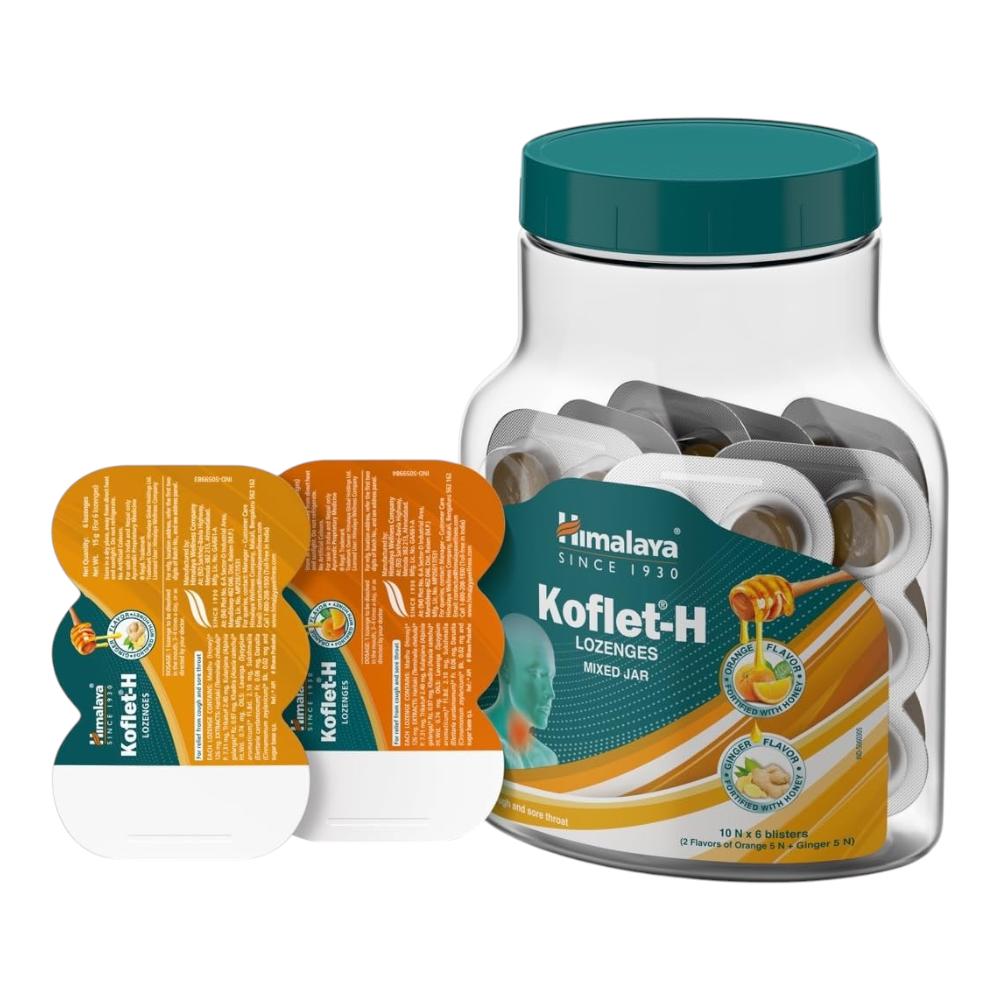 

Himalaya Koflet H Lozenges Assorted Jar Pack Ginger Orange 10 Blisters of 6 Lozenges 15g Each Relieves Cough Sore Throat With Honey Herbal Comfort