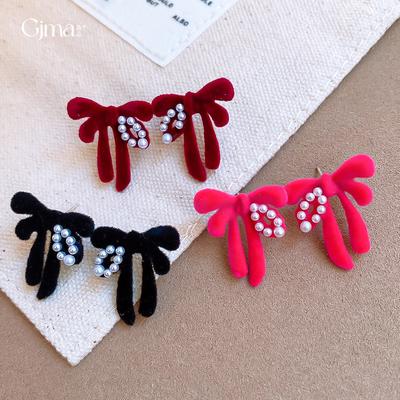 Sweet Flocking Bow Pearl Stud Earrings Autumn and Winter Vintage Versatile Earrings Earrings