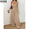 Damen Mode Lässig Frühling Herbst Einfarbige Druck Langarm Quadratischer Kragen High Waist Hosen Jumpsuits & Overalls