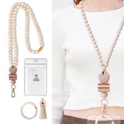 Wooden Lanyard ID Badges Teacher Lanyard with ID Holder Boho Style Keychain Beaded Lanyard Natural Wood Bead Pendant