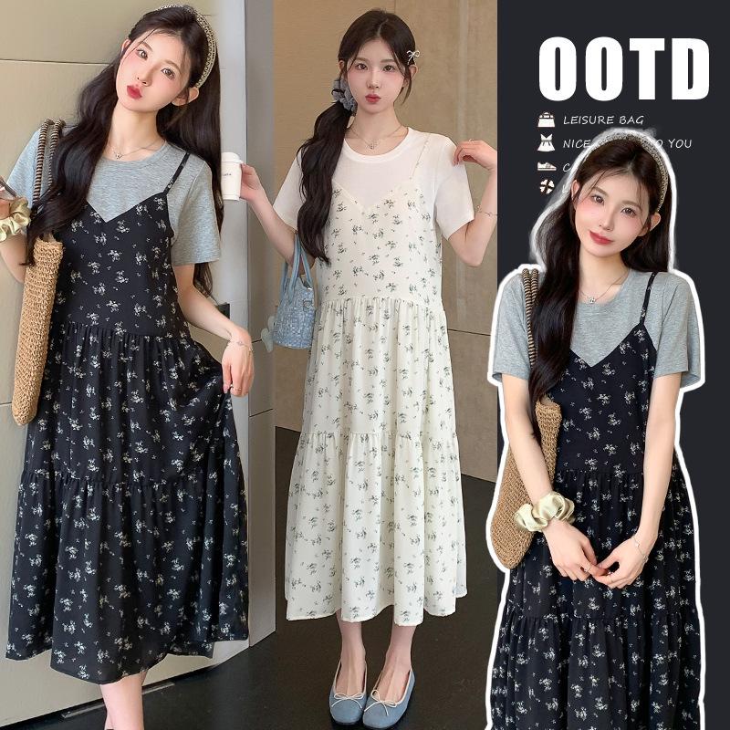 2026 Summer Korean Style Maternity Cotton & Chiffon Two-Piece T-shirt Dress